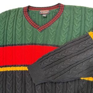 Vtg Roundtree & Yorke Mens XL Chunky Stripe Cable Knit V‎ Neck Sweater Y2K 90s